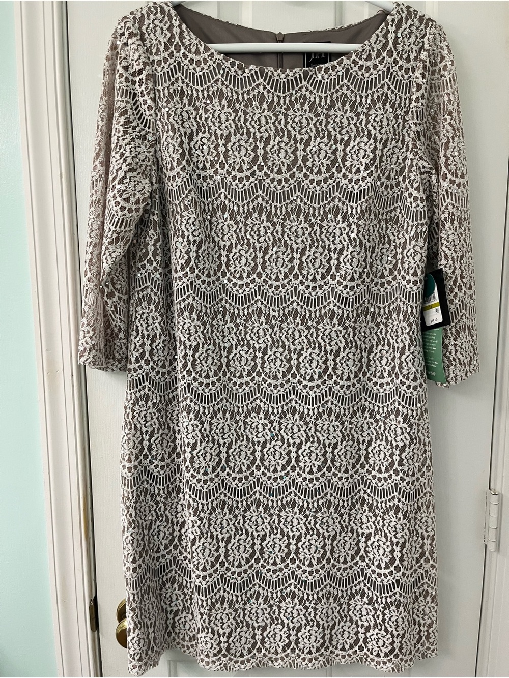 JH Evenings Taupe with Cream Lace-Overlay Knee-Length Dress with 3/4 Sleeves